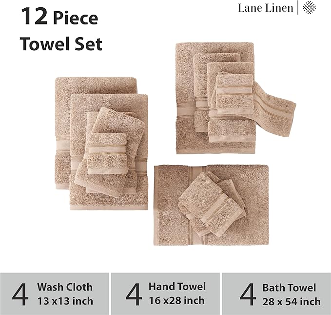 LANE LINEN Luxury Bath Towels Set - 12 Piece, 100% Cotton, Zero Twist, Super Soft & Extra Absorbent, Includes 4 Bath Towels, 4 Hand Towels, 4 Washcloths - Taupe