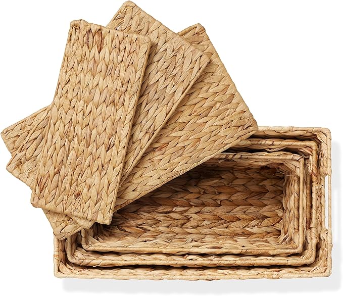 Casafield Set of 3 Water Hyacinth Storage Baskets with Lids, Natural - Small, Medium, Large Woven Nesting Bins for Bathroom, Bedroom, Closets, Shelves