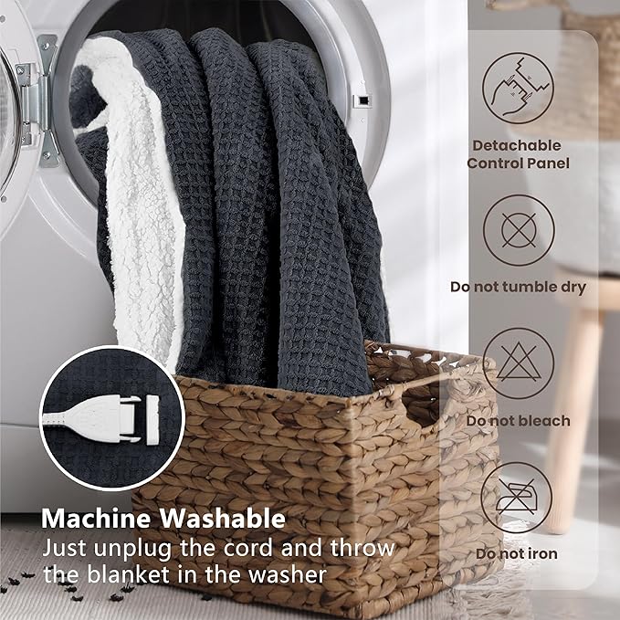 Heated Blanket Electric Blanket Queen Waffle, 84x90 Inches Dual Controllers Sherpa Fleece Fast Heating Blanket 6 Heating Levels & 10 Hours Auto Off ETL Certification,Charcoal Grey Queen