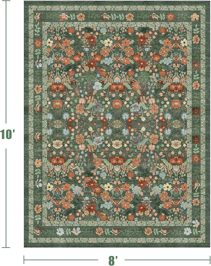 Deerly Green Washable Floral Rugs 8x10 Large Vintage Boho Non-Slip Living Room Carpet Soft Low Pile Thin Bedroom Floor Mat Indoor Home Decor for Dining Room Playroom Nursery Farmhouse, Green/Multi