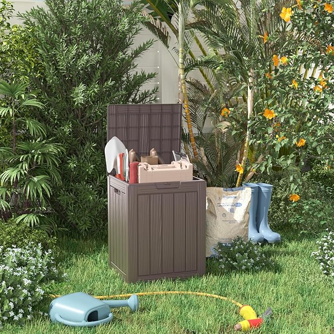 ROJIK Outdoor Storage Housing Deck Box - Waterproof Patio Furniture, Garden Tools, Cushions, Pool Accessories Storage Bench with Lockable Lid and Side Handles (Grey, 28 Gal)