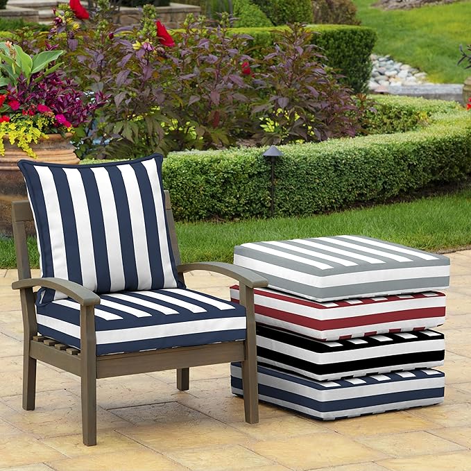 Arden Outdoor Deep Seat Cushion Set, 24 in x 24 in, Weather-Proof, Rain-Proof, Fade Resistant Patio Cushion for Chair, Sofa, and Couch Sapphire Blue Cabana Stripe