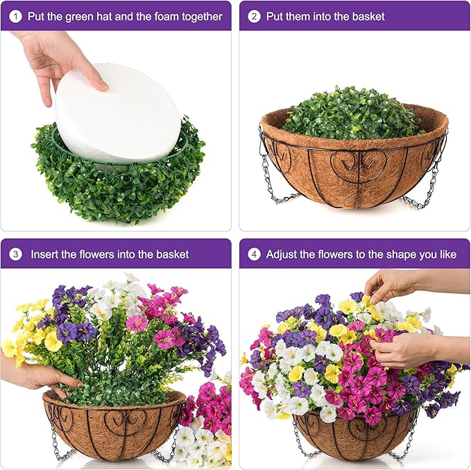 Artificial Faux Hanging Flowers Plants Baskets for Outdoors, Fake Silk Morning Glory in Planter UV Resistant Realistic Artificial Flower for Outside Porch Patio Balcony Garden Yard Home Decor