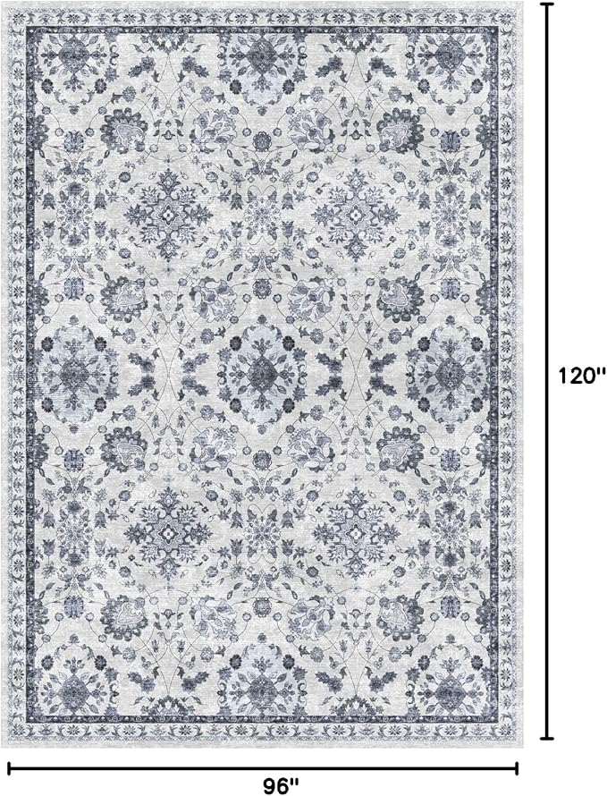 vivorug 8x10 Area Rugs, Stain Resistant Washable Rug for Living Room, Floral Rug Vintage Inspired (Ivory/Blue, 8'x10')