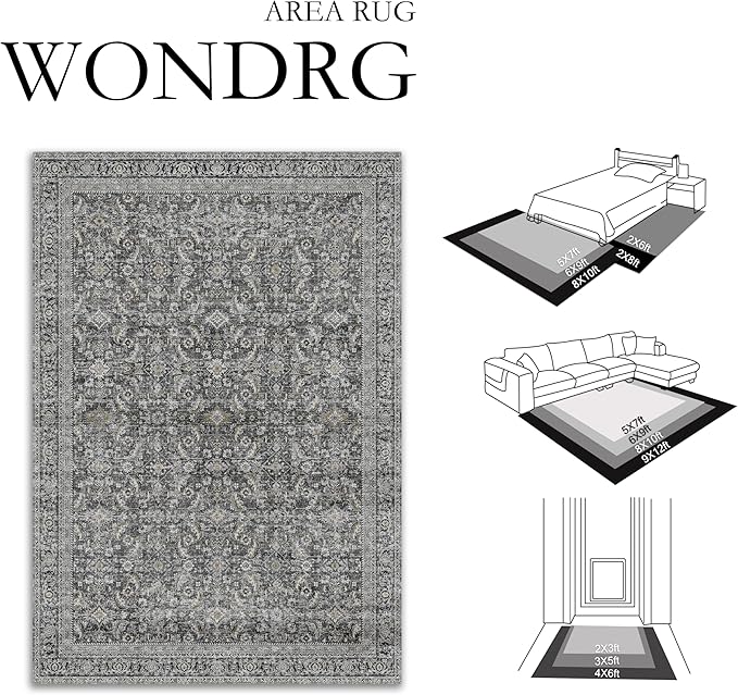 10x14 Washable Area Rug Black Vintage Distressed Living Room Bedroom Large Throw Rug Non Slip Low Pile Soft Accent Indoor Floor Carpet for Dining Room Office Entryway Kitchen