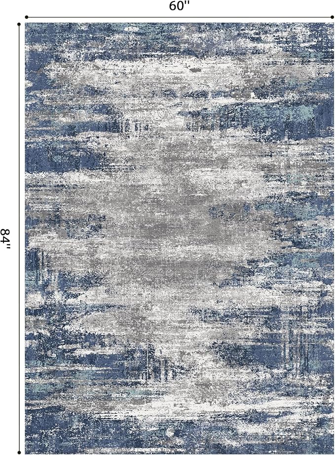 GENIMO 5x7 Area Rugs-Washable Area Rug Lightweight Non-Slip, Printed Low Pile Abstract Rug, Soft Pet Friendly Carpet for Living Room, Bedroom, Playroom, Blue/Ivory
