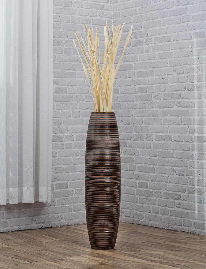 Leewadee Large Brown Home Decor Floor Vase – Wooden 26 inches Tall Farmhouse Decor Flower Holder for Fake Plant and Pampas Grass