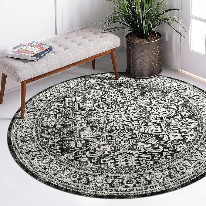 vivorug Round Rug 6ft Vintage-Inspired Round Area Rug Non-Slip Indoor Carpet for Living Room Bedroom Entryway, Stain Resistant Home Decor Circle Rug, Black and White