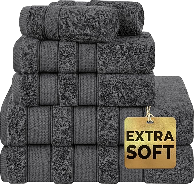 American Soft Linen Salem Turkish Bath Towel Set, 100% Cotton 600 GSM 6 Piece Towels for Bathroom, 2 Bath Towels 2 Hand Towels 2 Washcloths, Dark Gray