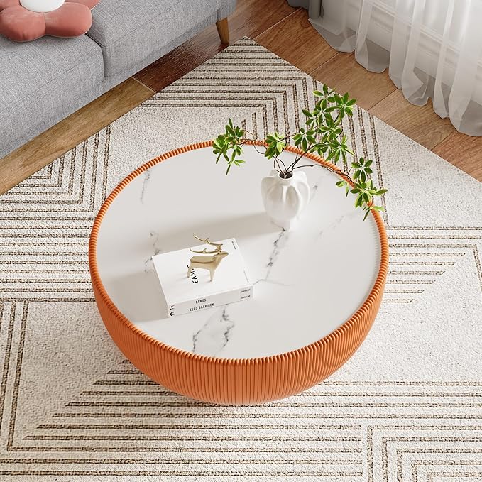 29.53" Round Coffee Table Luxury Cup Shape Leather Coffee Tables, Circle Sofa Couch Table PU Leather, Modern White Marble Top Drum Bowl Living Room Tables for Living Room Bedroom Apartment
