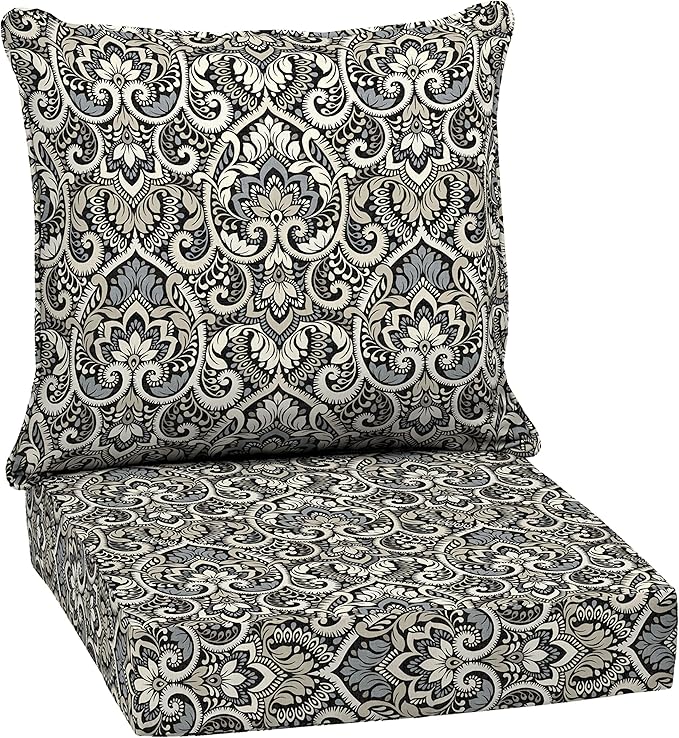 Arden Outdoor Deep Seat Cushion Set, 24 in x 24 in, Weather-Proof, Rain-Proof, Fade Resistant Patio Cushion for Chair, Sofa, and Couch Black Aurora Damask
