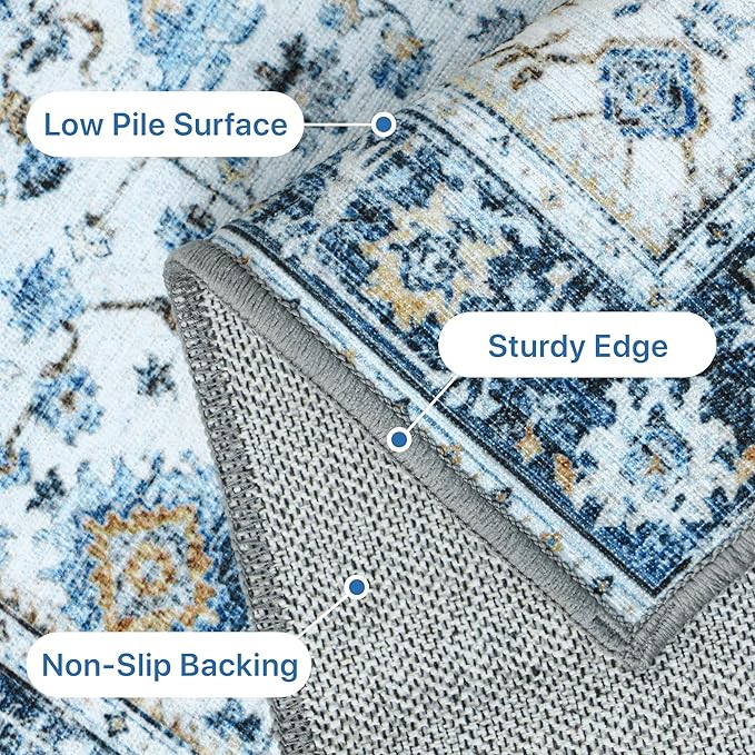 GENIMO Washable Area Rugs for Living Room Bedroom, 8x10 Boho Vintage Non Slip Rug, Low Pile Soft Floral Indoor Floor Carpet Cover for Dining Room Kitchen, Retro Light Blue