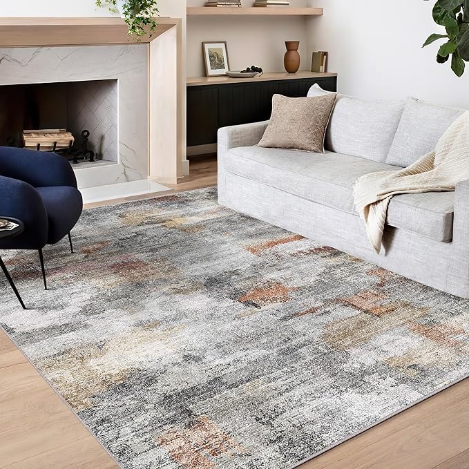 vivorug Washable Rug, Ultra Soft Area Rug 8x10, Non Slip Abstract Rug Carpet, Stain Resistant Rugs for Living Room Bedroom, Modern Fluffy Rug (Gray/Rust, 8'x10')
