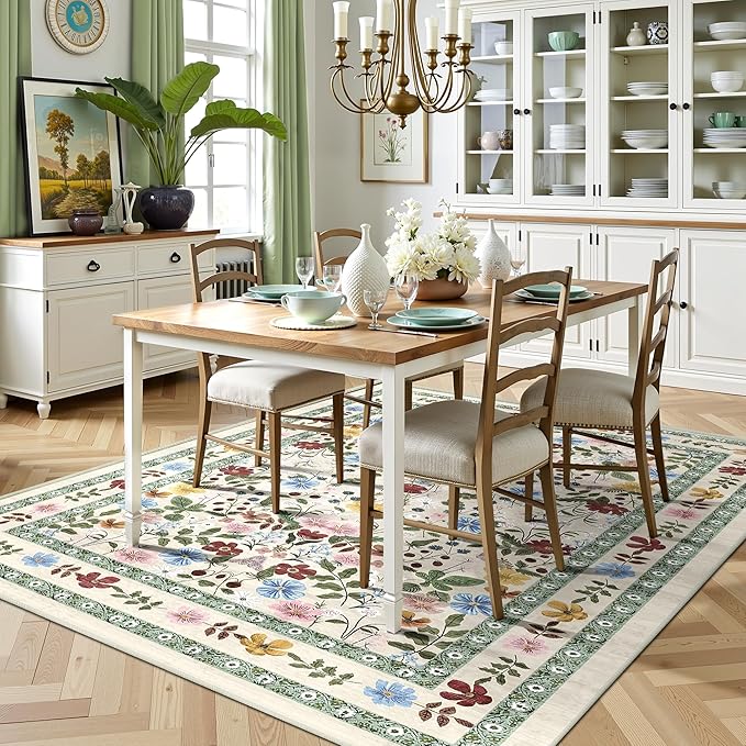 Deerly Floral Area Rugs 5x7 Vintage Boho Washable Non-Slip Living Room Carpet Soft Low Pile Colorful Thin Bedroom Floor Mat Indoor for Dining Room Playroom Nursery Farmhouse, Beige/Green/Multi
