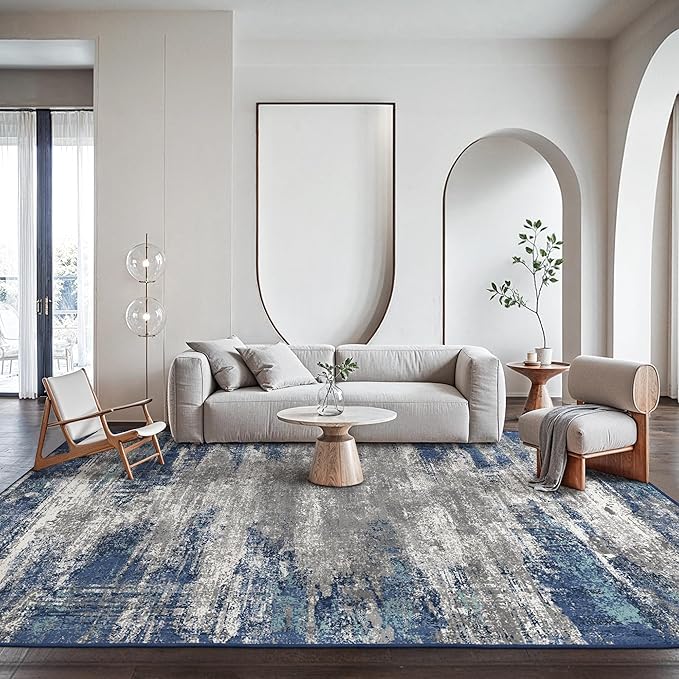 GENIMO Area Rugs 9x12 Living Room, Large Machine Washable Rug Non-Slip, Abstract Modern Soft Low Pile Rugs for Bedroom, Playroom, Dining Room, Blue/Ivory
