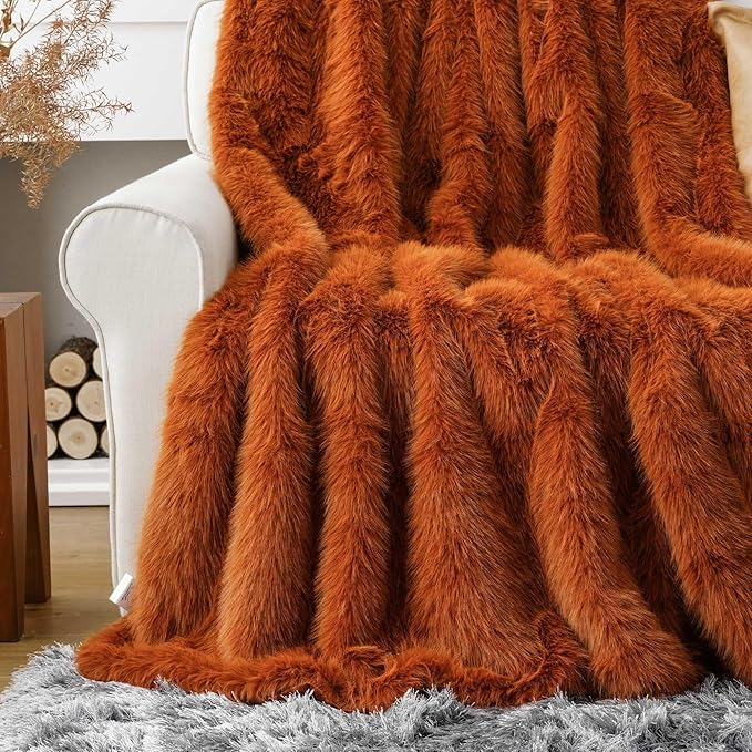 BATTILO HOME Luxury Fall Faux Fur Throw Blanket, Orange Faux Fur Blanket for Couch, Home Decor, Fall Decor, Soft Fluffy Fur Throws with Long Pile, 50"x60"