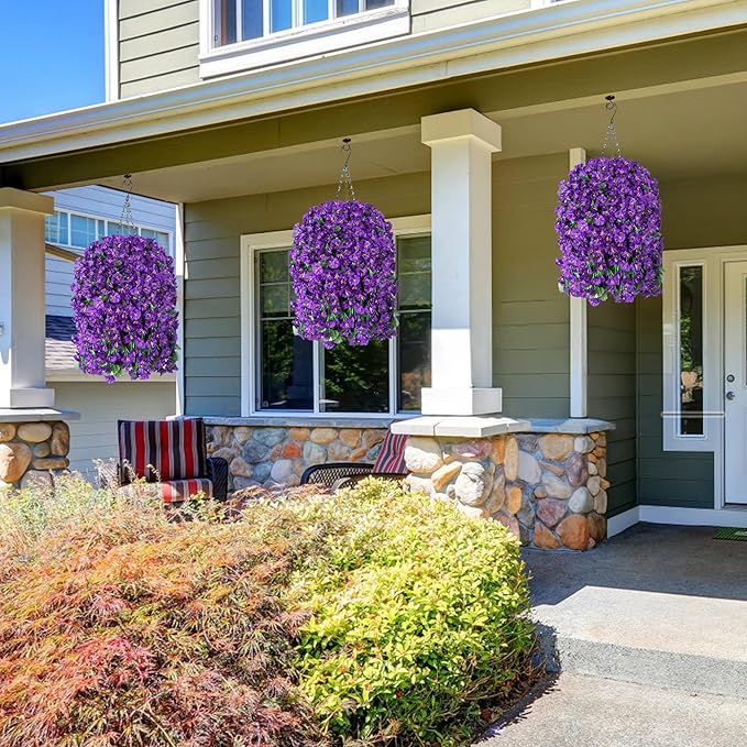 Artificial Fake Flowers Plants Hanging Baskets Outdoor Outside Spring Decor, Faux Silk Purple UV Resistant Look Real Morning Glory Home Patio Porch Balcony Decoration