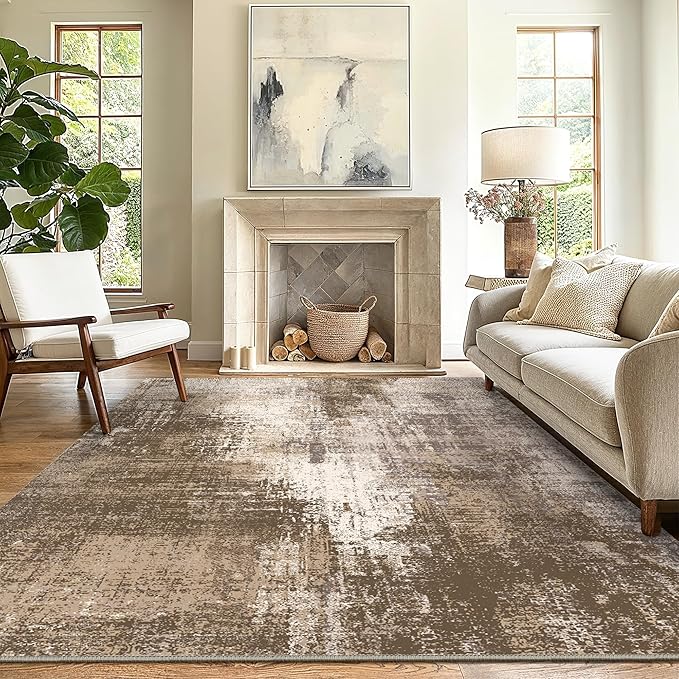 GENIMO Washable Area Rugs for Living Room Bedroom, 10x14 Modern Abstract Non Slip Rug, Low Pile Soft Contemporary Indoor Floor Carpet Cover for Dinning Room Kitchen, Earthy Brown