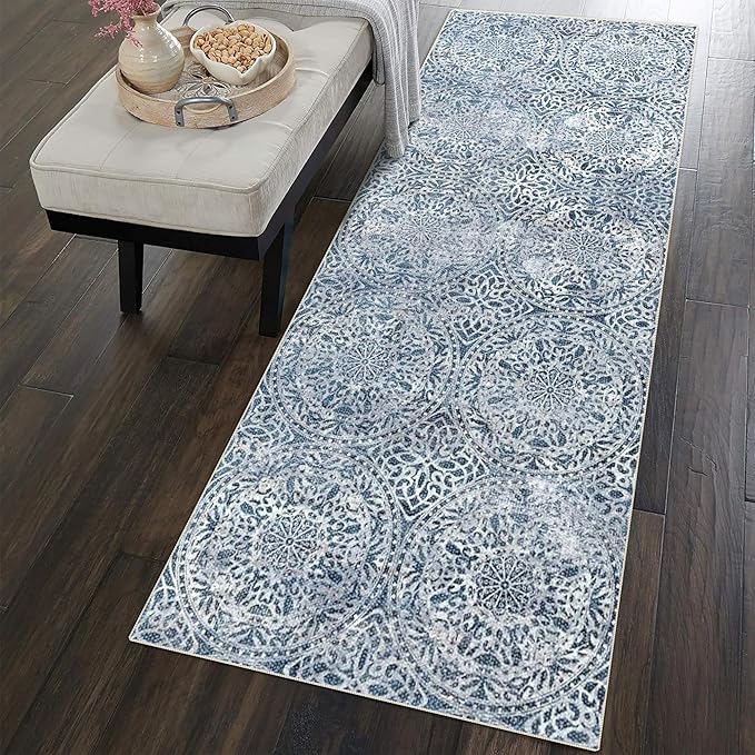 vivorug Blue Runner Rug 2x10 Machine Washable Rug with Non-Slip Backing, Ideal for Kitchen Hallway Entryway Laundry Room - Vintage, Durable, Easy Clean, Low Pile Carpet Runner