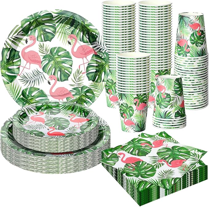 200 Pcs Tropical Flamingo Hawaiian Aloha Party Supplies Serve 50 Guests Luau Paper Plates Cups Napkins for Summer Beach Tableware Pool Party