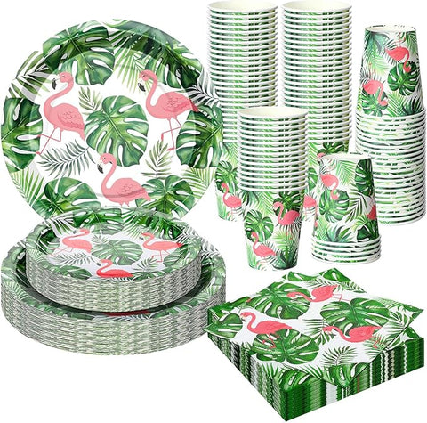 200 Pcs Tropical Flamingo Hawaiian Aloha Party Supplies Serve 50 Guests Luau Paper Plates Cups Napkins for Summer Beach Tableware Pool Party