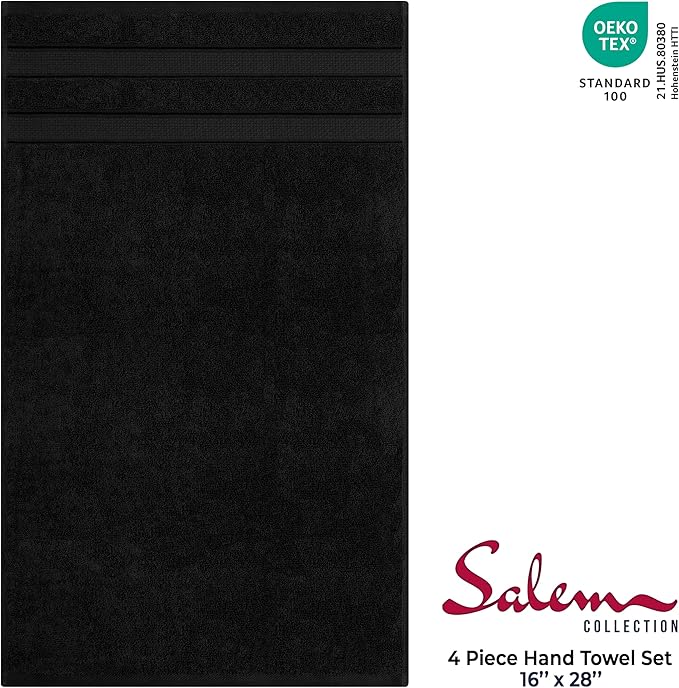 American Soft Linen Salem 100% Cotton Turkish 4 Piece Hand Towels for Bathroom, 600 GSM Soft Absorbent Quickdry Hand Face Towel Set, Black