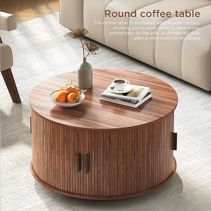 Round Coffee Table with Storage,31.5" Drum Coffee Table with Sliding Tambour Door,Mid Century Modern Coffee Table with Sliding Cabinet Door for Living Room Walnut Brown
