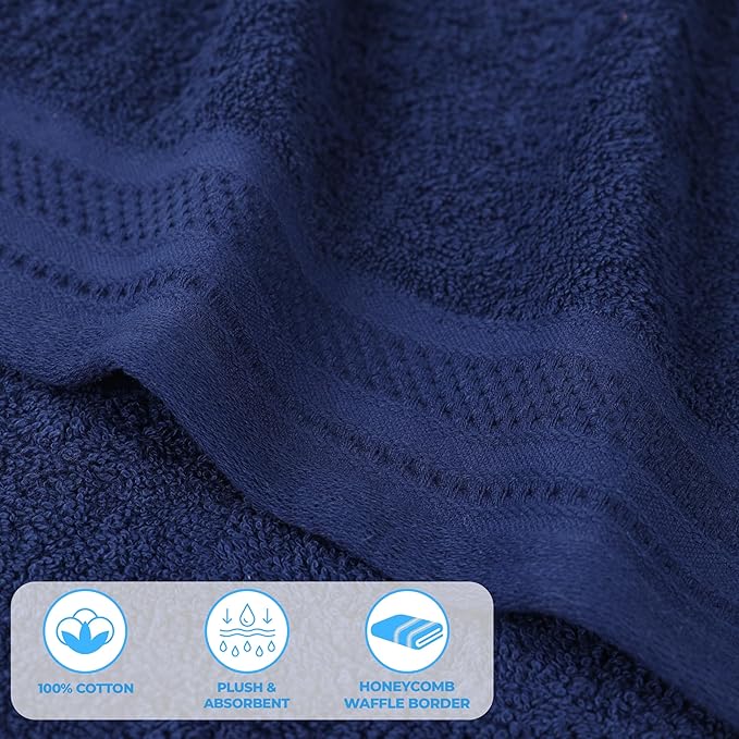 Superior Honeycomb Cotton Medium Weight Towels, for Guest Bath, Master Bathroom, Shower, Adults, Home Essentials, Textured Waffle Border, Assorted Towel Set, 12 Piece Face Towel Set, Navy Peony