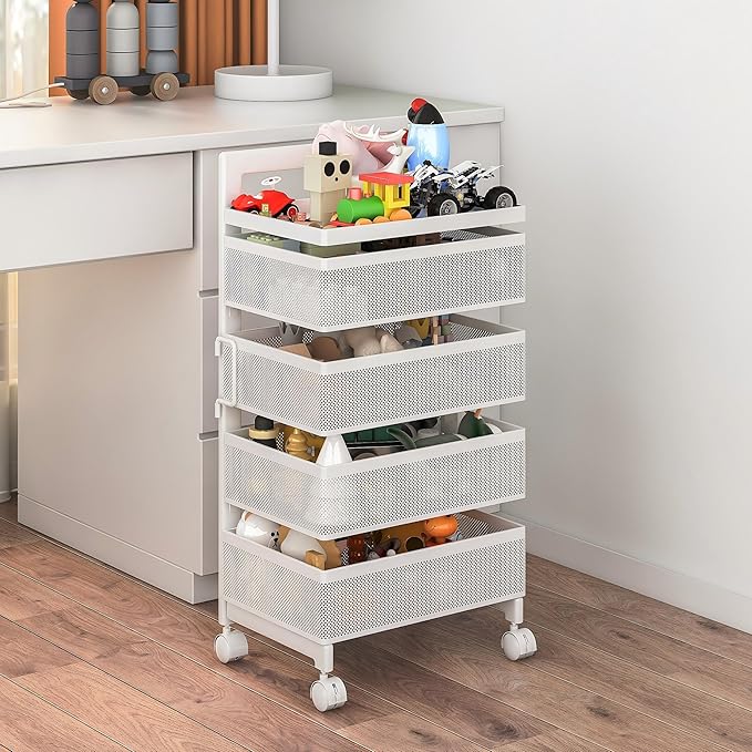 Fruit Basket for Kitchen No Assembly, Rolling Rotating Storage cart,Bathroom Shelf,Storage Drawer Cart for Bathroom,Metal Vegetable Rolling cart(Bright White, 4 Tier-Square)
