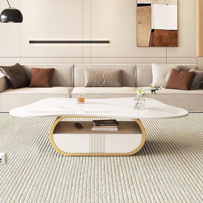 41.7" Marble Coffee Table with Storage Shelf & Drawer, Modern White Gold Coffee Tables for Living Room,Sturdy Stainless Steel Base, Sintered Stone Tabletop, Irregular Tea Cocktail Center Table