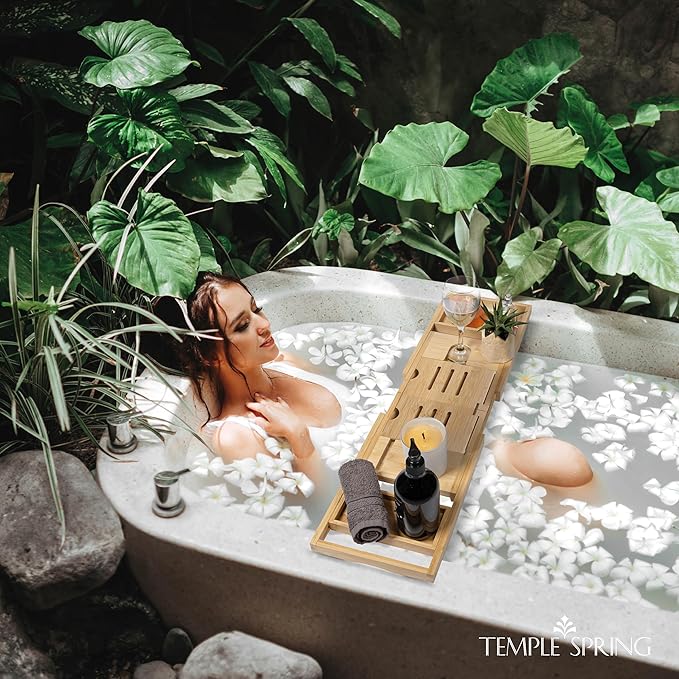 Temple Spring Foldable Bathtub Tray, Unique Design Selfcare Bathroom Caddy, Bamboo Spa Bathroom Tray, Wooden Bathtub Accessories, Wedding Gift/Birthday Gift/New Home Bath Table – Natural