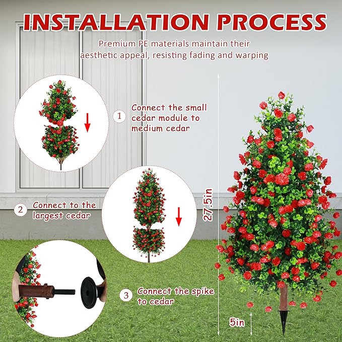 Sunnyglade 2 Packs 27.5" Artificial Rose Tree, Fake Rose Shrub Bushes Trees with Spike Faux Topiary Plants Tree for Indoor, Garden, Yard, Porch, Patio Decor