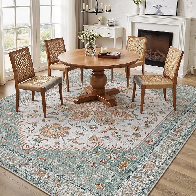 GENIMO 8X10 Area Rugs for Living Room, Machine Washable Vintage Floor Cover Foldable Modern Non Slip Rug, Low Pile Soft Indoor Carpet Floral Print Mat Rug,Bedroom/Dining Room/Home Office,Mint Green