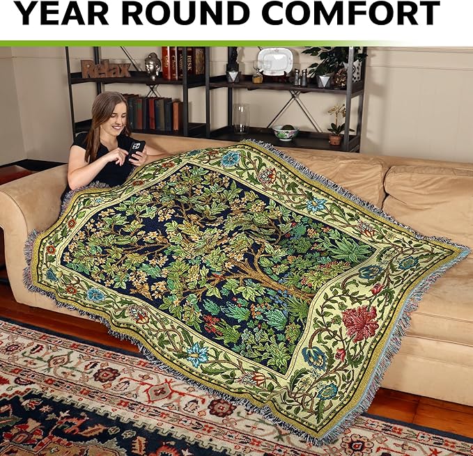 Pure Country Weavers William Morris Tree of Life Blanket - Arts & Crafts - Gift Tapestry Throw Woven from Cotton - Made in The USA (72x54)