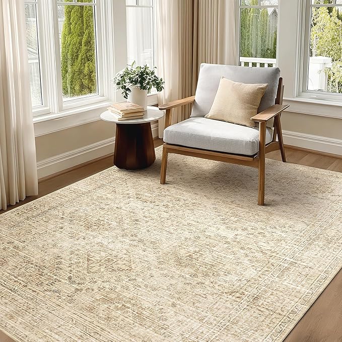 MIULEE 6x9 Vintage Living Room Rug Washable Area Rugs Low Pile Floor Mat for Bedroom Dining Room Non-Slip Stain Resistant Soft Indoor Carpet for Home Decor, Neutral Beige