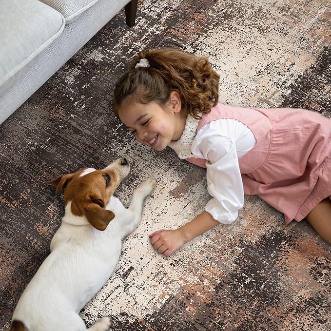 GENIMO Washable Area Rugs for Living Room Bedroom, 8x10 Modern Abstract Non Slip Rug, Low Pile Soft Contemporary Indoor Floor Carpet Cover for Dining Room Kitchen, Brown