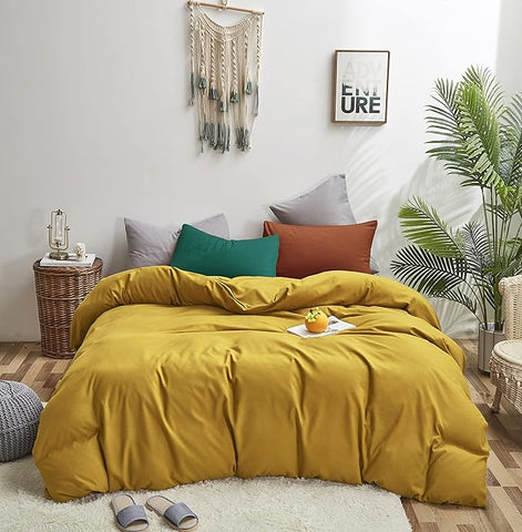 Luxlovery Mustard Yellow Comforter Set Queen Modern Bright Yellow Bedding Comforter Set Full Soft Cozy Breathable Quilts 1 Yellow Comforter+1 Green 1 Caramel Pillowcase for Adults Kids
