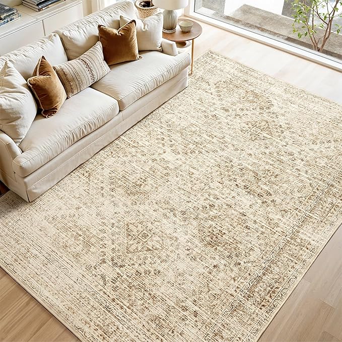 MIULEE 8x10 Vintage Washable Area Rugs Living Room Rug Low Pile Boho Floor Mat for Bedroom Dining Room Under Kitchen Table, Non-Slip Stain Resistant Soft Large Carpet for Home Decor, Neutral Beige