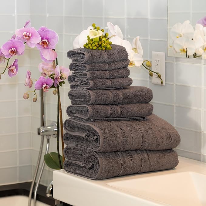 Mosobam Luxury Turkish 12pc Towel Set 30X58 16X30 13X13 Charcoal Gray (Dark Grey) 700 GSM Bamboo Viscose & Aegean Turkish Combed Cotton