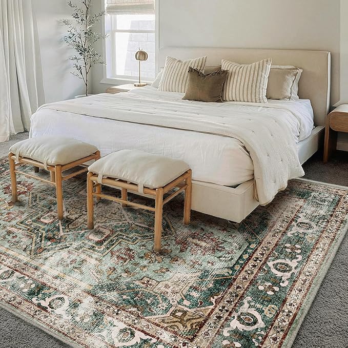 Washable Area Rug 5'x7' Green Retro Boho Chic Medallion Distressed Design Living Room Indoor Non-Slip Large Oriental Accent Throw Rugs for Kitchen Bedroom Office Carpet