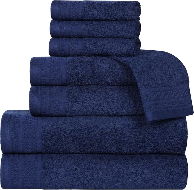 Superior Honeycomb Cotton Medium Weight Towels, for Guest Bath, Master Bathroom, Shower, Quick Dry, Adults, Home Essentials, Textured Waffle Border, Assorted Towel Set, 8 Piece Towel Set, Navy Peony