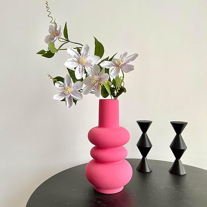 BLOFLO Hot Pink Ceramic Vase, Colorful Ceramic Vase, Modern Dried Flower Vases, Pink Round Vase for Centerpieces Wedding Dinner Table Party Office, Housewarming Gift (3 Layers Pink)