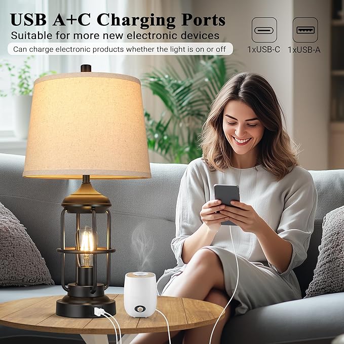 Qimh Table Lamp for Bedroom Set of 2 with USB A+C Ports, Farmhouse Bedside Lamp with Night Light, 3-Way Dimmable Touch Control, Rustic Industrial Nightstand Lamp for Living Room, Bulbs Included, Black