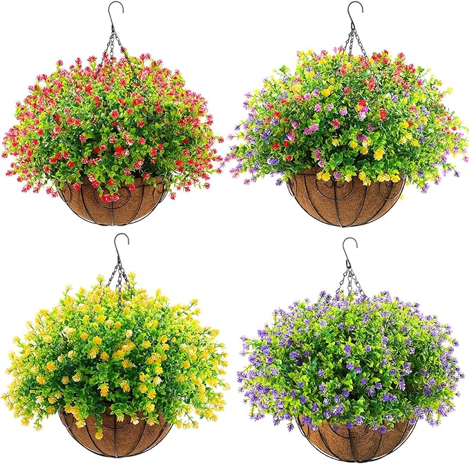 Lyrow 4 Pack Artificial Hanging Flowers with Baskets Outdoors Faux Flowers with 12 Inch Coconut Lining Baskets Realistic Artificial Hanging Plants for Patio Lawn Garden Decor
