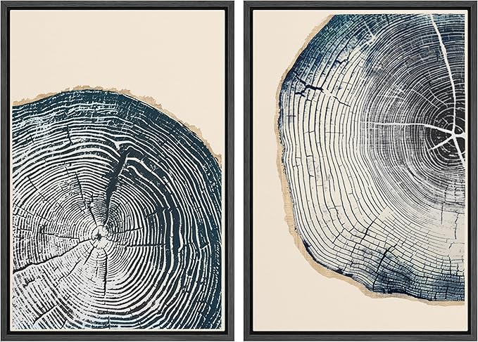 MUDECOR Framed Canvas Print Wall Art Navy Blue Wood Tree Ring Nature Illustration Modern Art Decorative Multicolor Geometric Minimal for Bedroom - 24"x36"x2 Black