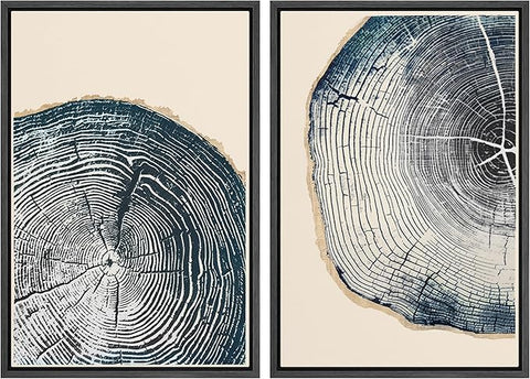 MUDECOR Framed Canvas Print Wall Art Navy Blue Wood Tree Ring Nature Illustration Modern Art Decorative Multicolor Geometric Minimal for Bedroom - 24"x36"x2 Black