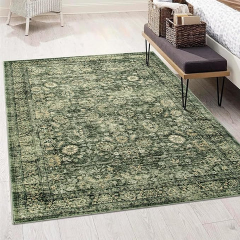 Morebes Vintage Throw Rugs, Boho 3x5 Washable Rug Non Slip,Soft Area Rug for Bedroom,Distressed Non-Shedding Floral Rug for Entryway Kitchen Foyer Bedside Playroom, Grayish Green