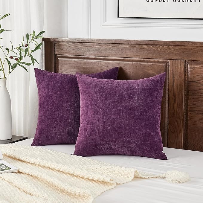 GAWAMAY Decorative Chenille Throw Pillow Covers 26x26 Inch Pack of 2, Soft Square Couch Pillow Cover for Sofa Cushion Living Room Bedroom Solid Dyed Oversized Pillowcases Purple 66x66cm (ONLY Covers)