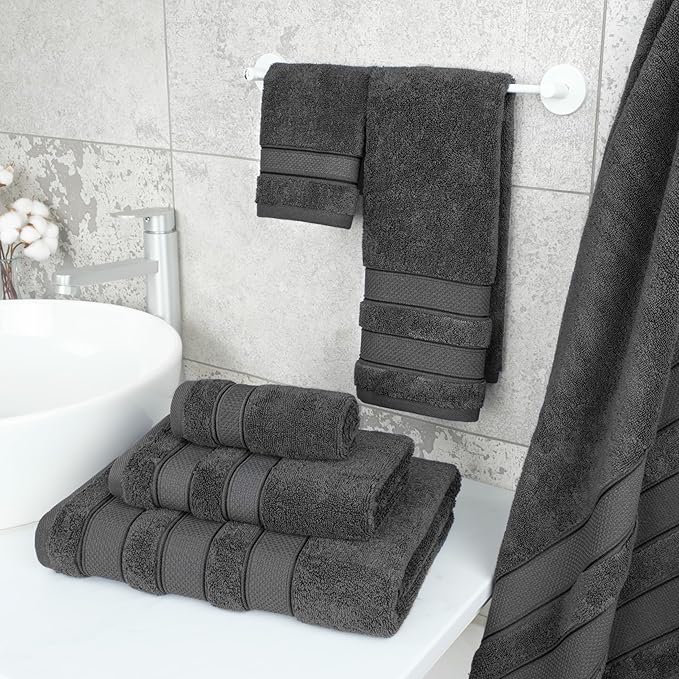 American Soft Linen Salem Turkish Bath Towel Set, 100% Cotton 600 GSM 6 Piece Towels for Bathroom, 2 Bath Towels 2 Hand Towels 2 Washcloths, Dark Gray