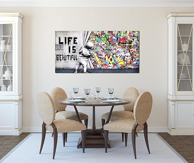 JKWALL77 Colorful Banksy Wall-Art - Graffiti Canvas Wall Art - Large Wall Decor For Living Room Ready To Hang Size 59" x 29"
